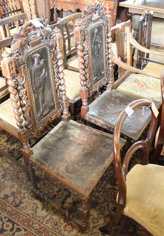 Pair Carolean style oak side chairs, seats & backs upholstered in Spanish embossed leather